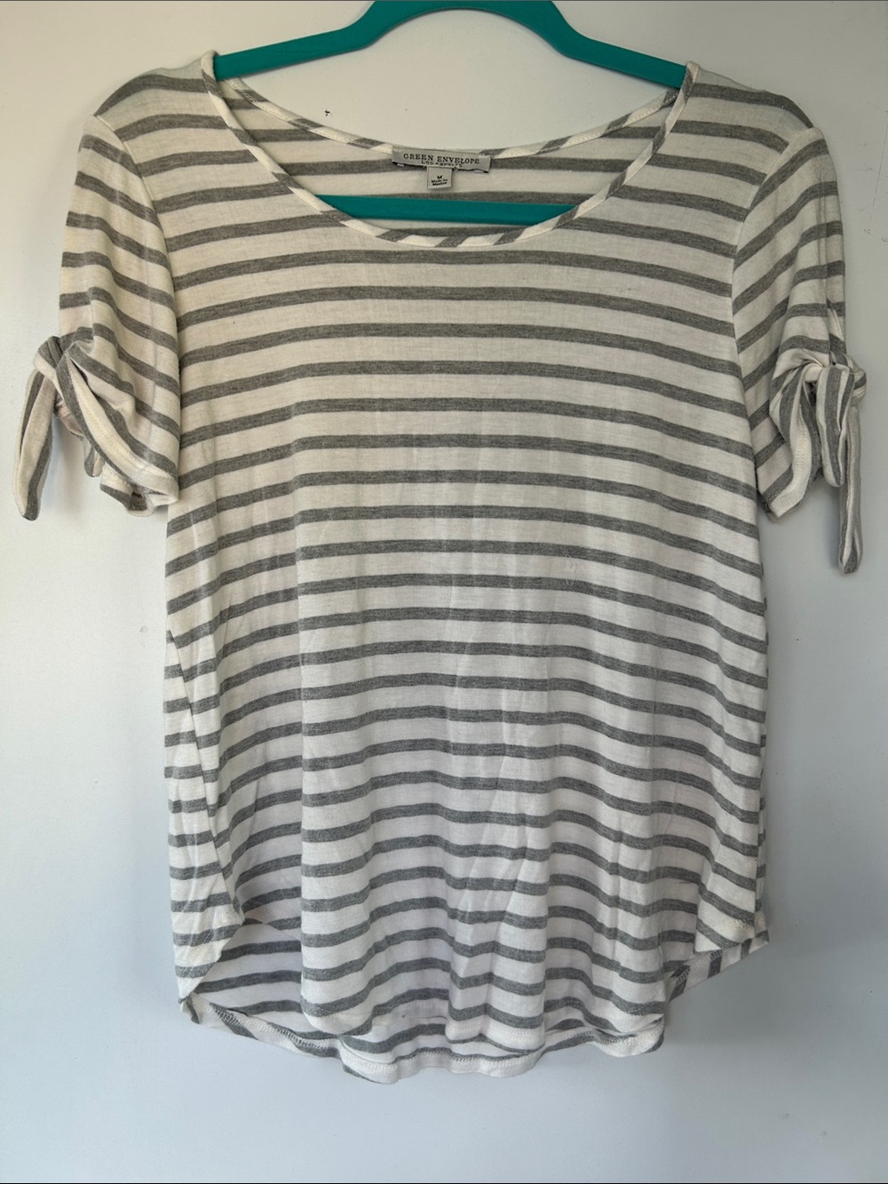 Green Envelope Gray & White Striped Tie-Sleeve Scoop Neck Top
